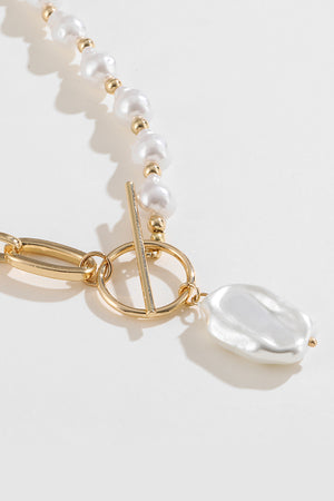 Half Pearl Half Chain Toggle Clasp Necklace