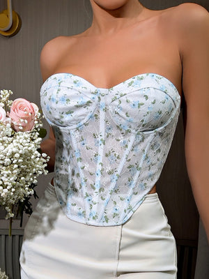 Open image in slideshow, Floral Lace-Up Strapless Bustier
