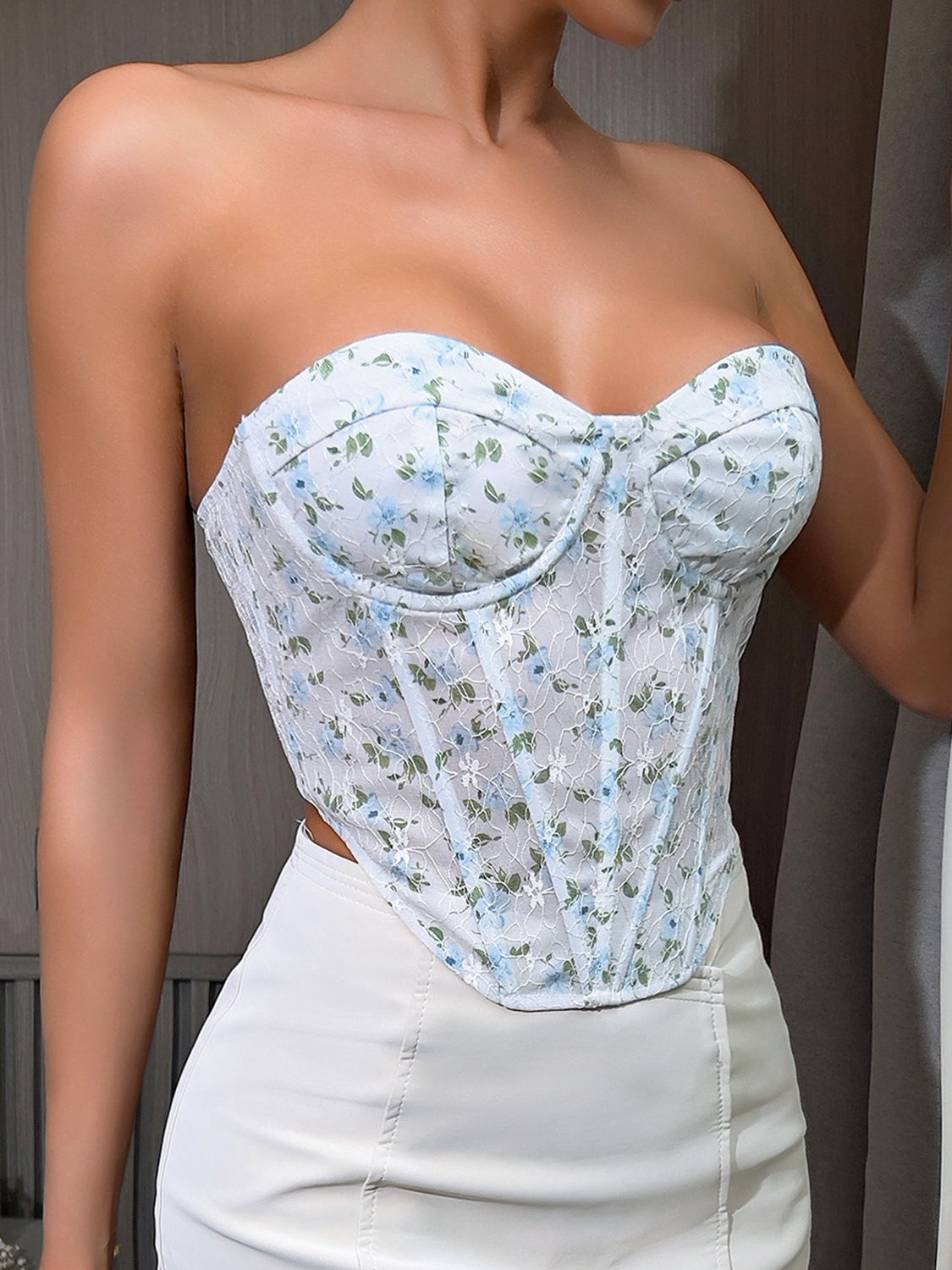 Floral Lace-Up Strapless Bustier