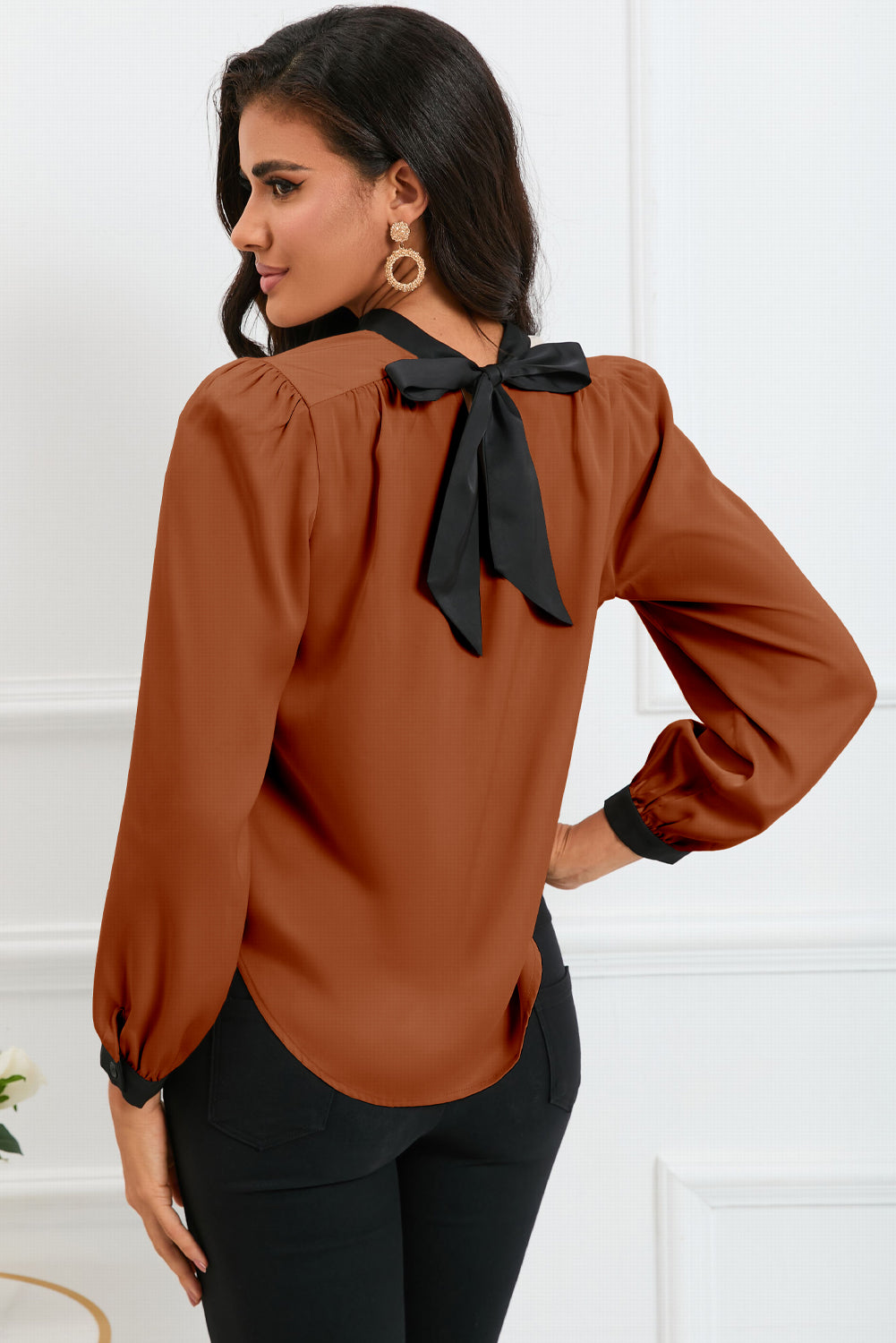 Round Neck Puff Sleeve Back Tie Blouse