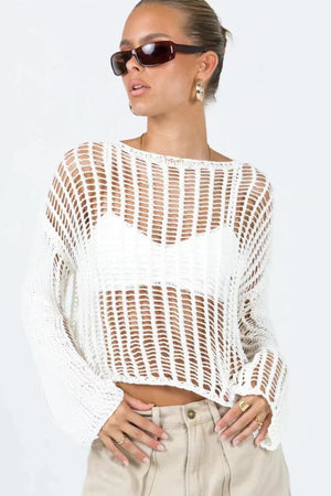 Open image in slideshow, Openwork Boat Neck Long Sleeve Cover Up
