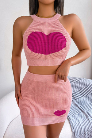 Open image in slideshow, Heart Contrast Ribbed Sleeveless Knit Top and Skirt Set
