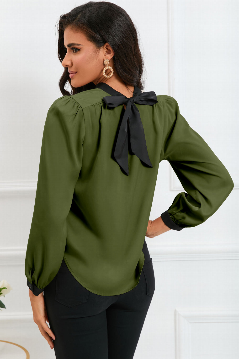 Round Neck Puff Sleeve Back Tie Blouse