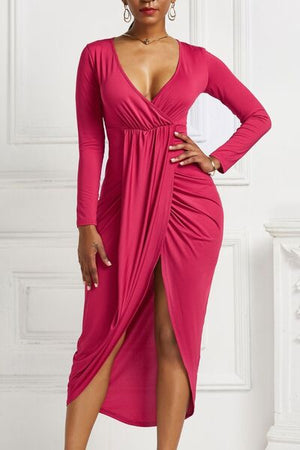 Open image in slideshow, High-low Ruched Surplice Long Sleeve Dress
